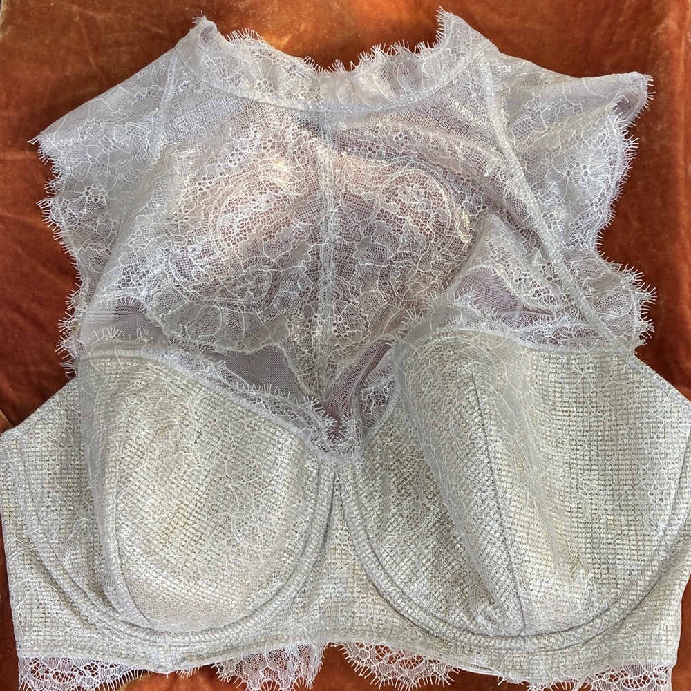 Victorias Secret high lace neck bra crop top 38DDD silver gray